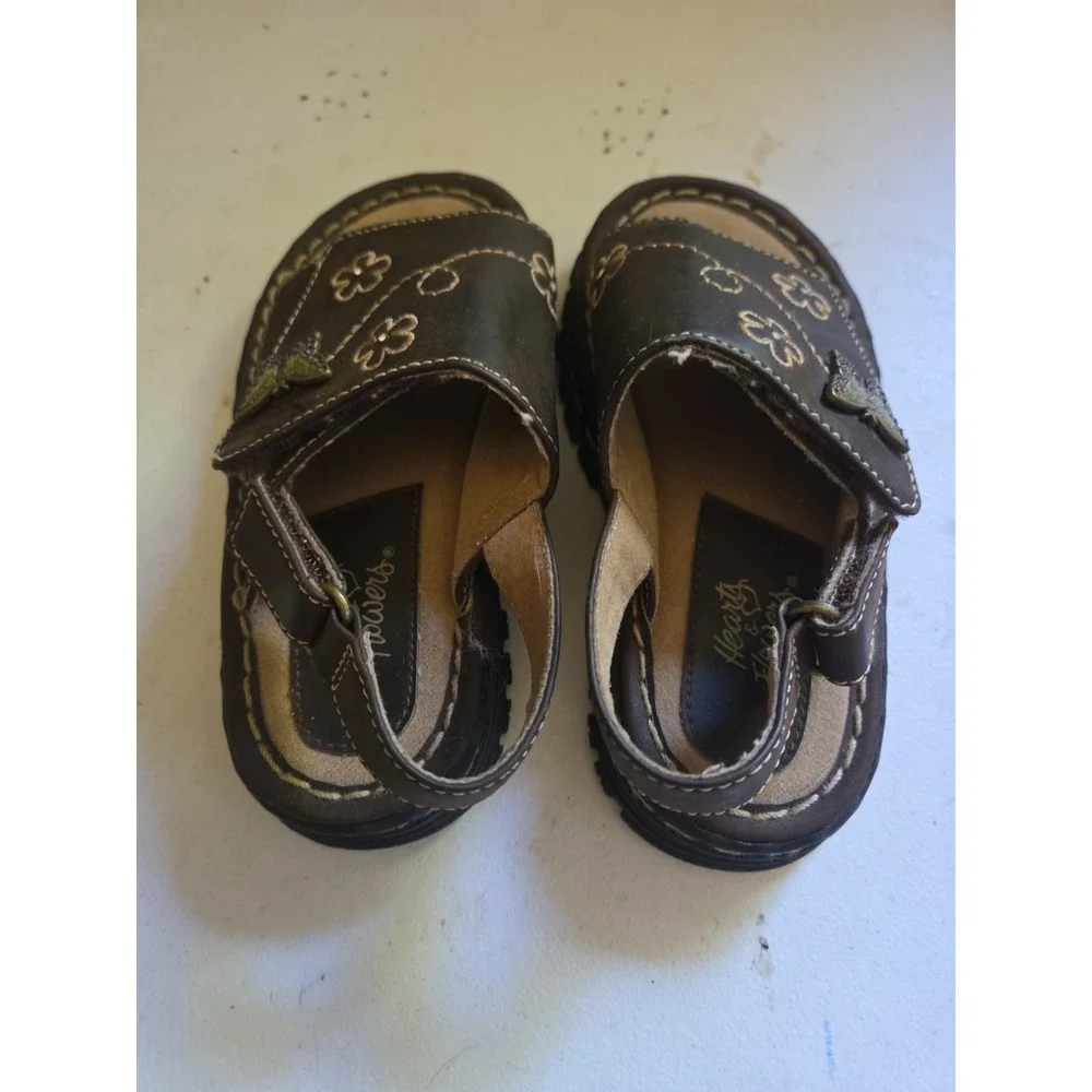 Toddler Vintage Hearts & Flowers Size 8 Chunky Sandals Leather Brown Y2K